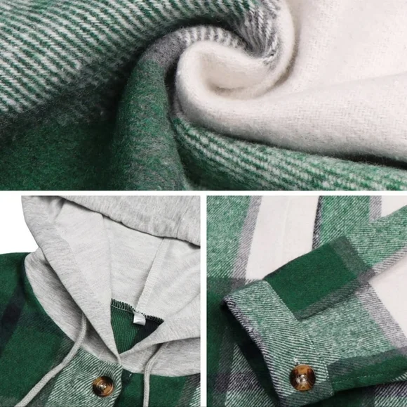 MOSHU Flannel Shirts for Women Button Down Plaid Shirt Hooded Shacket Jacket - Picture 3 of 4